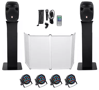 DJ-пакет с двумя 12-дюймовыми Bluetooth-динамиками + микрофон + штатив + тотемные стойки + фасад + освещение Rockville RPG122K+(2) RTP32B+RFAAW PACK