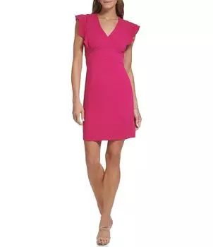 DKNY Эластичное платье-футляр с V-образным вырезом и короткими развевающимися рукавами, розовый