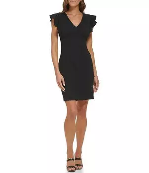 DKNY Эластичное платье-футляр с V-образным вырезом и короткими развевающимися рукавами, черный