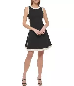 DKNY Эластичное платье с круглым вырезом без рукавов и контрастной отделкой, расклешенное платье, черный