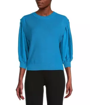 DKNY Комбинированный трикотажный топ с рукавами 3/4 и круглым вырезом, синий