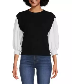 DKNY Комбинированный трикотажный топ с рукавами 3/4 и круглым вырезом, черный