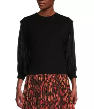 DKNY Комбинированный трикотажный топ с рукавами 3/4 и круглым вырезом, черный
