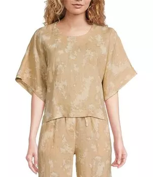 DKNY Льняная футболка с круглым вырезом и короткими рукавами и пуговицами на спине с заниженными плечами и принтом DKNY, бежевый