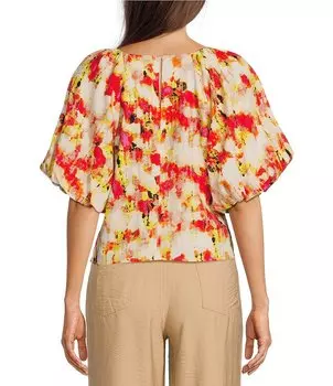 DKNY Льняной топ с круглым вырезом и короткими рукавами-фонариками с принтом, слоновая кость