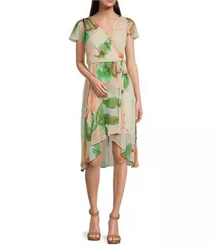 DKNY Миниатюрного размера, шифоновое платье с запахом и короткими рукавами, v-образным вырезом и завязкой на талии, мультиколор