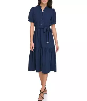 DKNY Многоярусное платье миди с воротником-стойкой и короткими рукавами-фонариками, синий