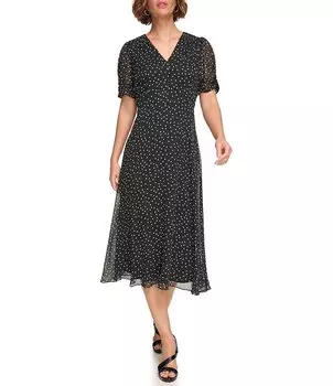 DKNY Petite Size Шифоновое платье миди с короткими рукавами и рюшами и v-образным вырезом в горошек, черный