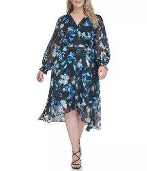 DKNY Платье больших размеров с длинными присборенными рукавами и v-образным вырезом, высоким/низким искусственным запахом, синий