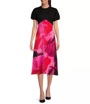 DKNY Платье из комбинированной атласной юбки из крепа с круглым вырезом и короткими рукавами, розовый