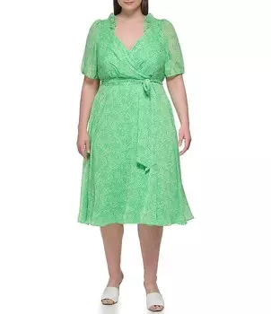 DKNY Платье миди больших размеров с короткими рукавами-фонариками и v-образным вырезом и завязкой на талии, зеленый