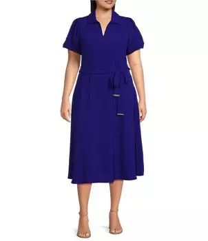 DKNY Платье миди с коротким рукавом и завязкой на талии больших размеров с короткими рукавами и расклешенной талией, синий