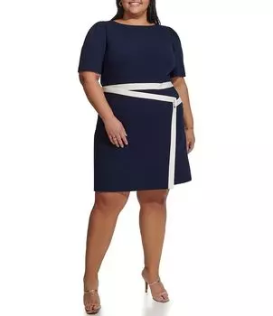 DKNY Плюс Размер Юбка из крепа с короткими рукавами с вырезом лодочкой и запахом Платье с аквалангом, синий