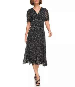 DKNY Шифоновое платье миди Aline с короткими рукавами и V-образным вырезом в горошек, черный
