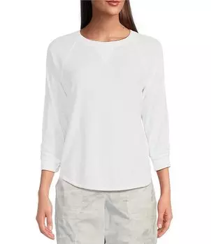 DKNY Sport Mini Slub Вафельная трикотажная футболка с круглым вырезом и рукавами 3/4 со рюшами, белый