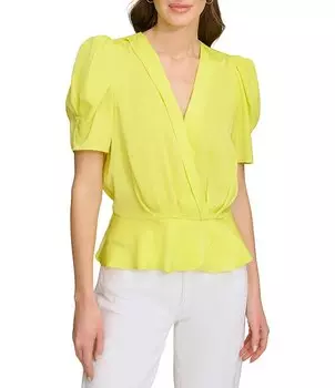 DKNY Surplice Блузка с баской и короткими рукавами с V-образным вырезом, желтый