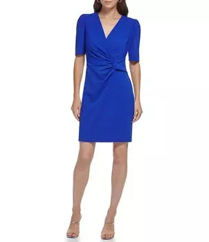 DKNY Surplice Эластичное платье с искусственным запахом и V-образным вырезом с короткими рукавами-фонариками и перекрученной талией, синий
