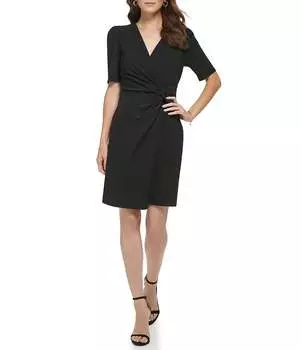 DKNY Surplice Эластичное платье с искусственным запахом и V-образным вырезом с короткими рукавами-фонариками и перекрученной талией, черный