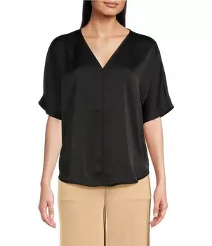 DKNY Тканая блузка с V-образным вырезом и короткими рукавами, черный