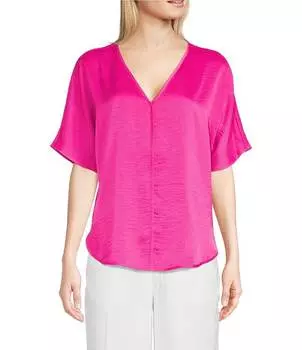 DKNY Тканая блузка с V-образным вырезом и короткими рукавами, розовый