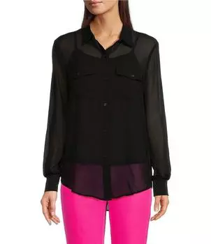 DKNY Тканая шифоновая блузка с воротником на пуговицах, черный