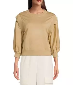 DKNY Трикотажная атласная блузка смешанной техники с круглым вырезом и рукавами 3/4, бежевый