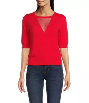 DKNY Трикотажный топ с круглым вырезом и рукавами до локтя и V-образным вырезом, красный