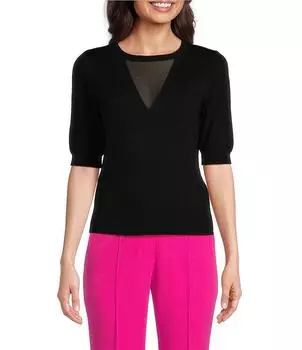 DKNY Трикотажный топ с круглым вырезом и рукавами до локтя и V-образным вырезом, черный