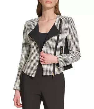 DKNY Твидовая байкерская куртка с узором «гусиные лапки» и круглым вырезом, длинными рукавами и молнией спереди, мультиколор