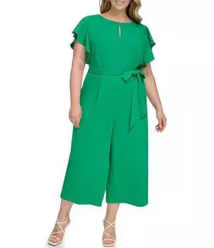 Dkny Укороченный комбинезон больших размеров с короткими рукавами и круглым вырезом и завязкой на талии, зеленый