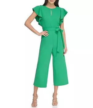 DKNY Укороченный комбинезон из эластичного крепа с круглым вырезом и развевающимися рукавами-крылышками, зеленый