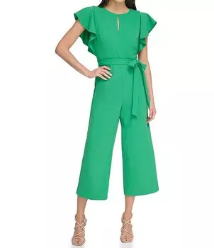 DKNY Укороченный комбинезон с короткими рукавами и круглым вырезом для миниатюрных размеров, широкими штанинами и поясом, зеленый
