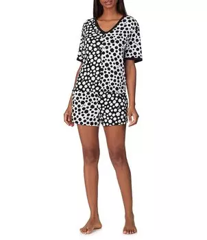 DKNY Вязаный укороченный пижамный комплект с v-образным вырезом и короткими рукавами в горошек, черный