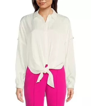 DKNY Жаккардовая блузка с острым воротником, длинными рукавами и завязкой спереди, слоновая кость