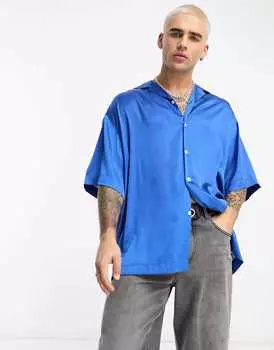 Длинная атласная рубашка оверсайз темно-синего цвета ASOS DESIGN