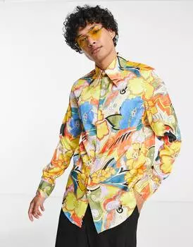 Длинная атласная рубашка стандартного кроя с цветочным принтом ASOS DESIGN с воротником в стиле 70-х - MULTI