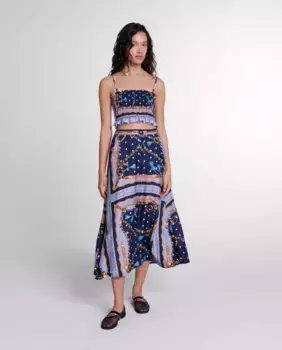 Длинная атласная юбка с принтом Maje, синий