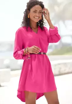 Длинная блузка LASCANA (с поясом под кожу), из креповой ткани, свободное платье-блузка, элегантный шик, розовый