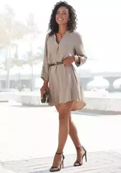 Длинная блузка LASCANA (с поясом под кожу), из креповой ткани, свободное платье-блузка, элегантный шик, коричневый