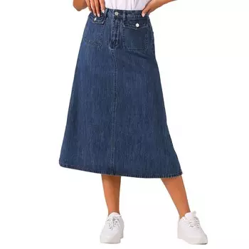 Длинная джинсовая юбка для женщин, повседневная джинсовая юбка трапециевидной формы с высокой талией и карманами с клапаном ALLEGRA K, цвет Dark Blue