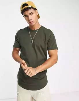 Длинная футболка Jack & Jones Essentials с изогнутым краем цвета хаки