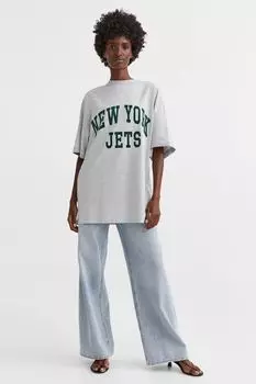 Длинная футболка с принтом H&amp;M, светло-серый меланж/нью-йорк