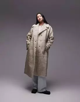 Длинная куртка-авиатор из искусственной овчины кремового цвета Topshop