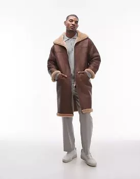 Длинная куртка из искусственной овчины коричневого цвета Topman