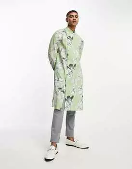 Длинная льняная рубашка с асимметричным подолом ASOS DESIGN kurta зеленого цветочного принта