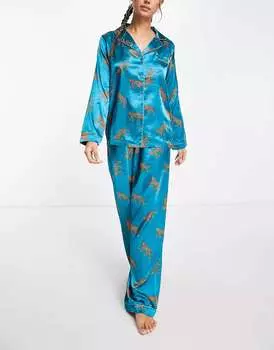 Длинная ночная атласная пижама с бирюзовым леопардовым принтом NIGHT