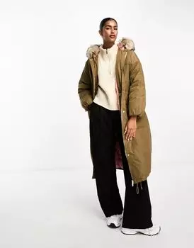 Длинная парка цвета хаки River Island с капюшоном из искусственного меха