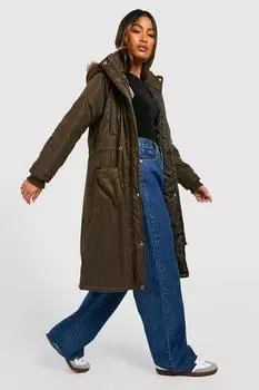 Длинная парка с отделкой искусственного меха Boohoo, хаки