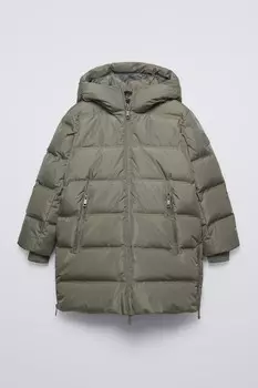 Длинная пуховая куртка с перьями ZARA, светлый хаки