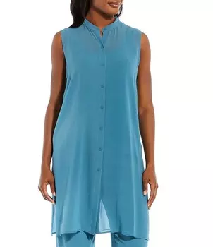 Длинная рубашка без рукавов из прозрачного шелкового крепа с воротником-стойкой Eileen Fisher, синий